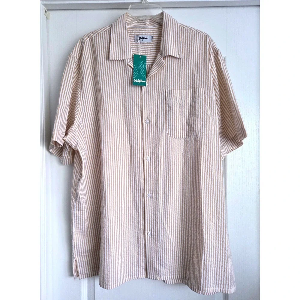 Vatpave Seersucker Stripe Short Sleeve Camp‎ Collar Button Shirt Tan Sz XXL NWT